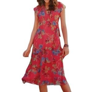Sundance Faux Wrap Asymmetrical Lulu Red Silk Floral Print Dress 10P EUC